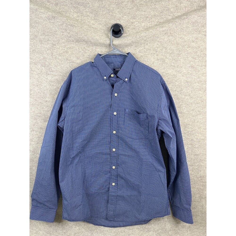 IZOD Men's Navy Blue Micro Check Long Sleeve Button Down Shirt Chest Pocket